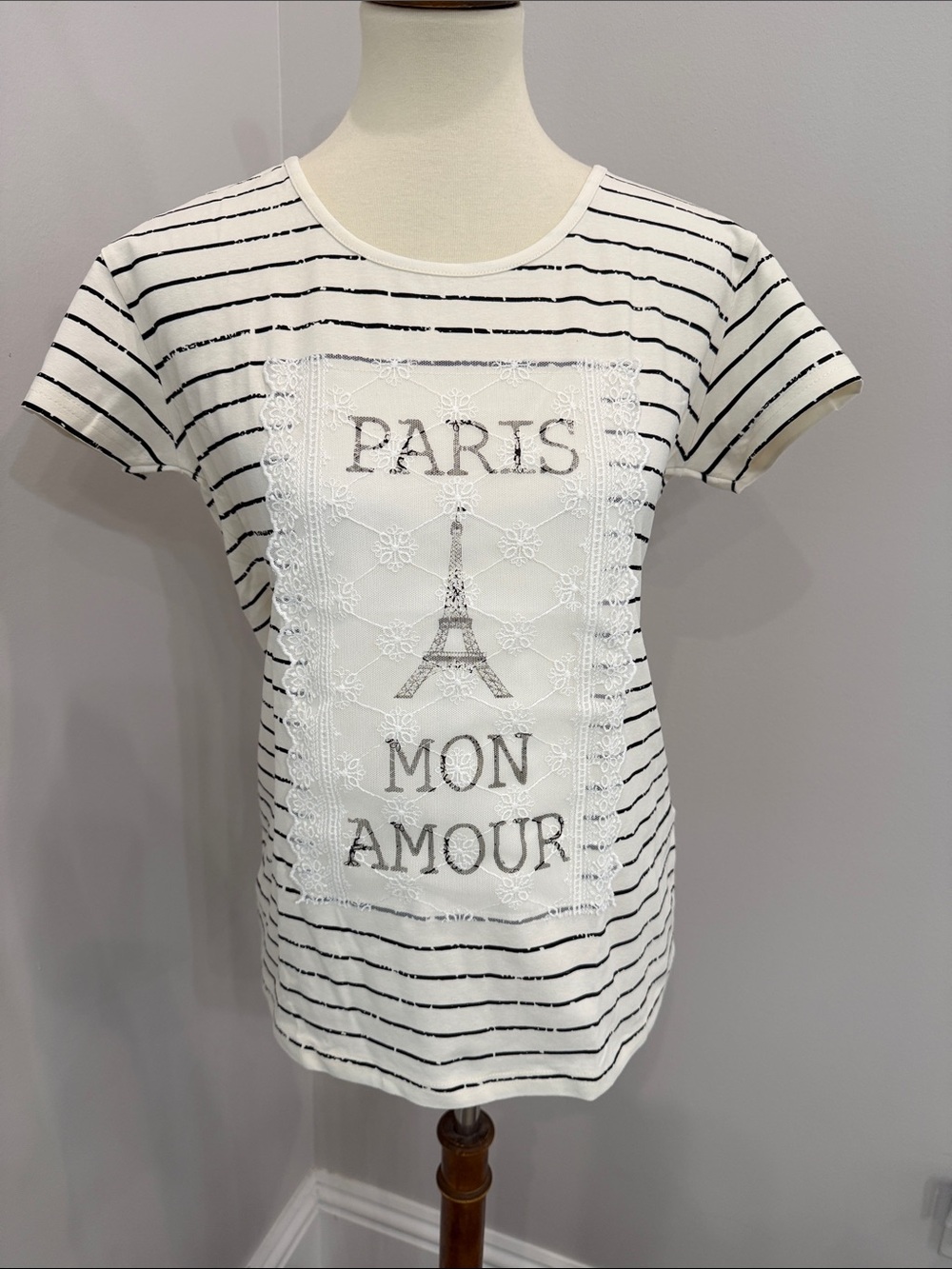 Aris White Tee with Black Stripes and Lace 'Paris Mon Amour'